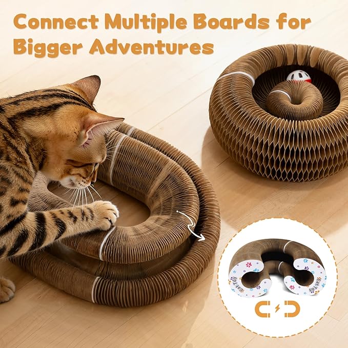 2Pcs Magic Organ Cat Scratcher Cardboard, Foldable Scratching Board, Interactive Cat Toy with Bell Ball, Corrugated Cardboard Scratch Pad for Indoor Cats, Round