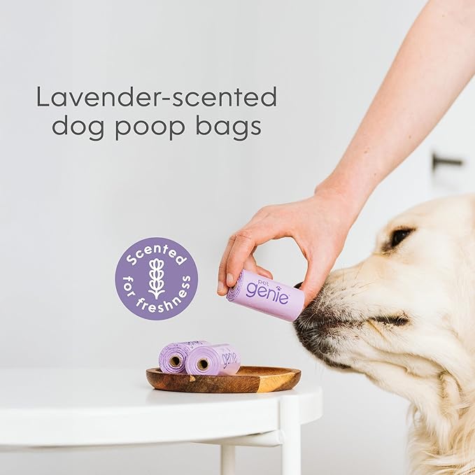 Pet Genie, Dog Poop Bags Rolls Scented, Extra Strong & Leak-Proof for Dogs, Lavender Scented, Easy Tear Pet Waste Bags, Made from 65% Recycled Plastic, 16 Rolls (240 Count)
