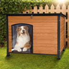 43.3’’ Large Dog House Outdoor Weatherproof Dog Kennel with Upgraded Thickened Metal Frame, Dog Shelter with PVC Curtain, Openable Roof and Removable Floor, Easy to Clean (Brown)