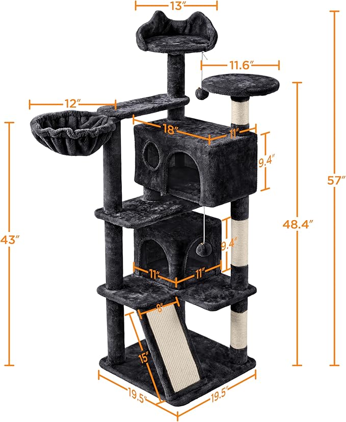 Yaheetech Cat Tree, 57 inches Cat Tower with Double Condo, Scratching Board and Basket, Cat Furniture for Indoor Cats Kitten- Black