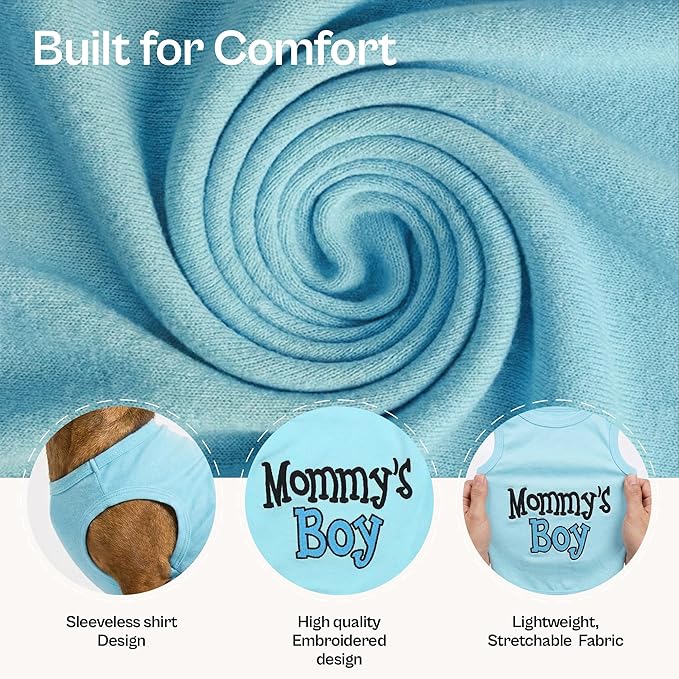 Parisian Pet Dog Shirt – 100% Cotton Shirts for Small Dogs – Blue Sleeveless Puppy Clothes – Lightweight and Breathable Dog Apparel – Boy Dogs Clothes - Stretchy Mommy’s Boy Pet Shirt