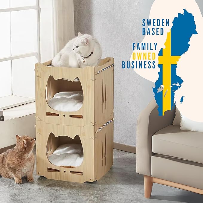 Stackable Cat House for Indoor Cats Bed, Wooden Cat Shelter, Cat Cube, for Cats, Kittens, and Puppies, 15x15x15 inches, Hammock & Pillow Included, Cat Tower, Modern Design, Black