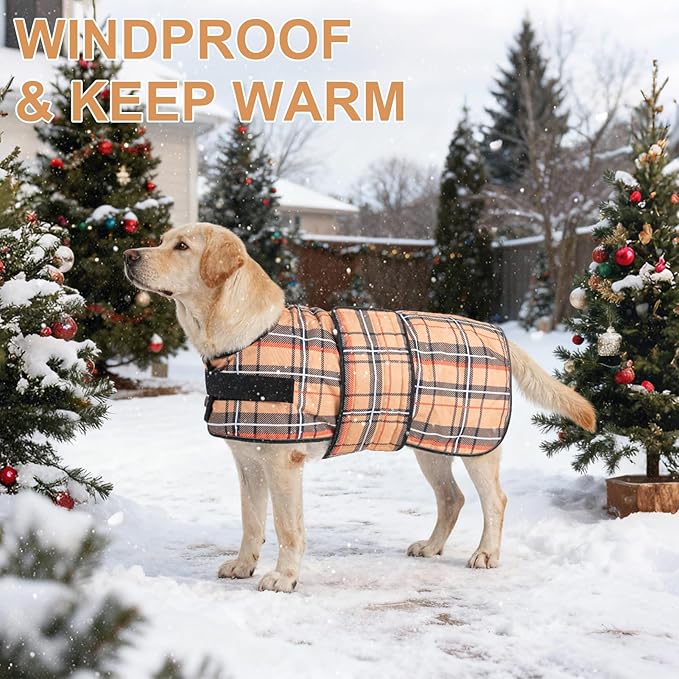 BEAUTYZOO Dog Winter Coat for X-Large Dogs Waterproof, Warm Reflective Great Dane Oxford Canvas Jacket, Fleece Dog Cold Weather Coats Windproof for Female Male Dogs, Khaki Plaid XL