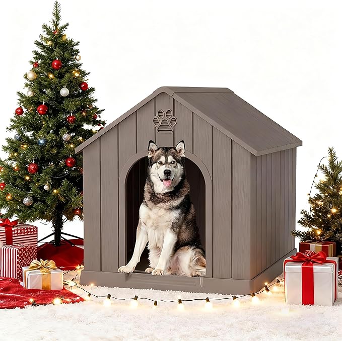 Fancyango Large Dog House Outdoor Indoor, Sturdy Plastic Waterproof Doghouse with Air Vents and Elevated Floor, Easy Clean and Assemble for Medium Large Dogs (Classic Grey, 36.2''L×38''W×38''H)