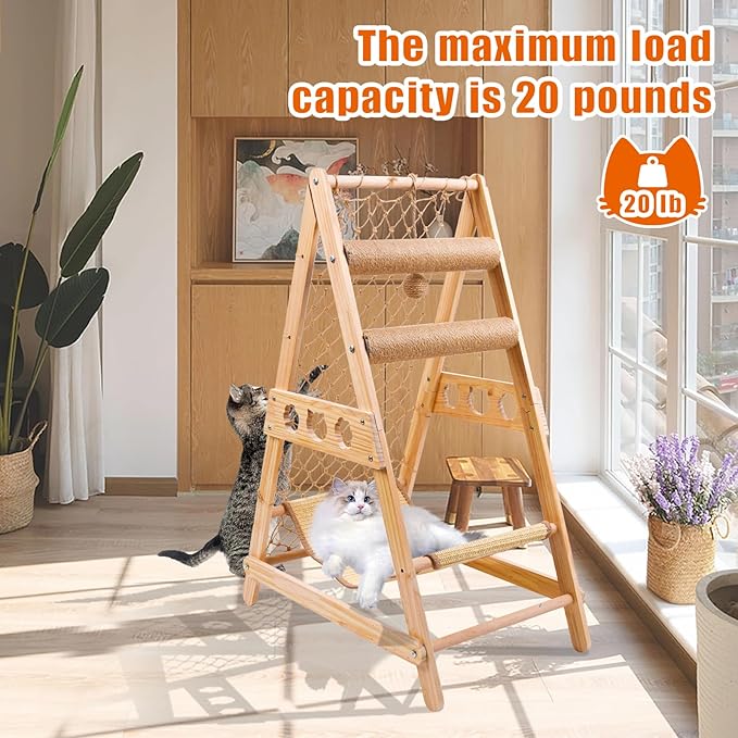 Cat Tree Ladder, Ladder Cat Tree with Hammock Scratching Post Climbing Web and Danging Sisal Ball, Cat Ladders Can Accommodate Multiple Cats and Can be Removed by The Window