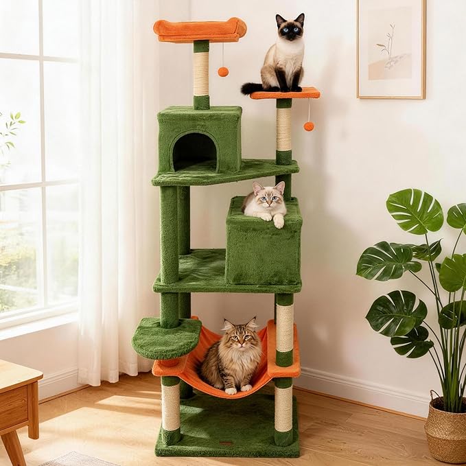 PETSITE Multi-Level Cat Tree, 75 Inches Tall with Sisal Scratching Posts, 2 Condos, Hammock, Dangling Balls, and Cozy Top Perch, Ideal for Indoor Cats to Play and Rest (Green)