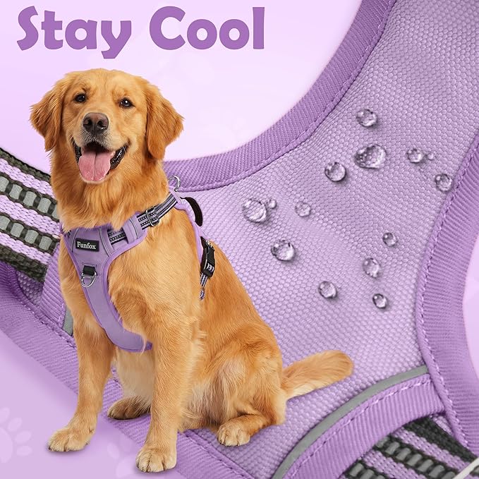 Funfox Dog Harness No Pull, Adjustable Pet Vest Harness, Super Soft Material with Vertical Handle Easy Control, Reflective Night Walking, 2 Leash Clips for XLarge Dogs, Purple, XL