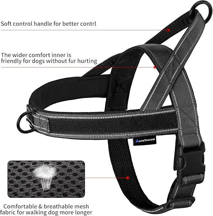 Annchwool No Pull Dog Harness with Padded Handle+5 Ft Leash,Reflective Strip Escape Proof and Quick Fit to Adjust Dog Harness,Easy for Training Walking for Small & Medium and Large Dogs(Black-Set,S)