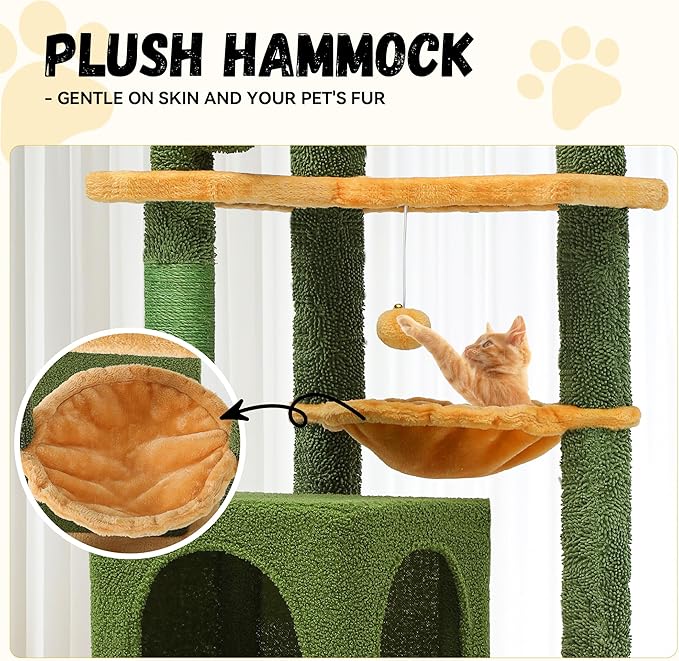DWVO Cactus Cat Tree for Large Cats: 60" Tall with Self-Grooming Brush, Cute Kitten Climbing Tower for Indoor Kittens with Cat Condo, Top Perch, Basktet, Sisal Scratching Posts, Dangling Ball