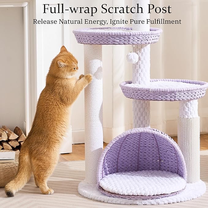 Wood Modern Cat Tree for Large Cat, 46" Tall Cat Tower with Scratching Posts, Cat Condo, Aesthetic Multi-Level Cat Climbing Tree with Hand-Woven Bed for Adult Indoor Cats-Purple