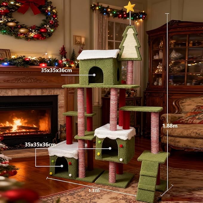 Christmas Cat Tree, 74" Tall Multi-Level Cat Proof Tower with Cat Condos, Top Perches, Sisal Scratching Posts and Board, Kittens Play Activity Center for Indoor Cats, Red/Green (74")