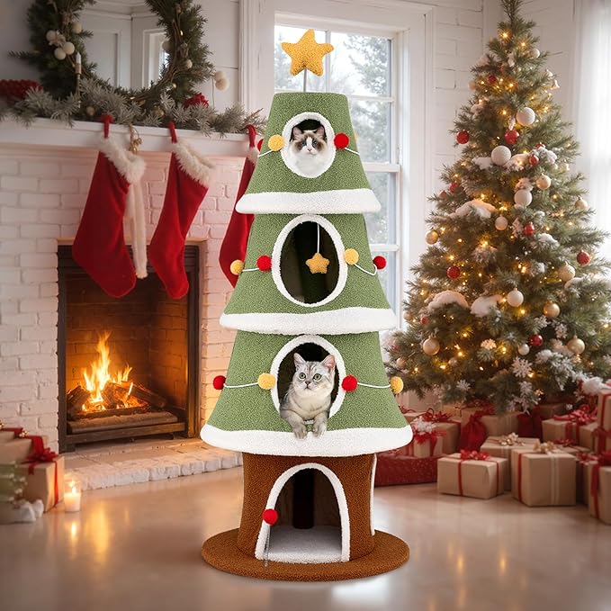 PETSITE 61 Inches Cat Christmas Tree, Cute Christmas Cat Tower with 4 Condos, Colorful Ornaments, Sisal Board, Dangling Ball, Spring Toy, and Star-Shaped Spring-Type Top, Ideal for Indoor Cats