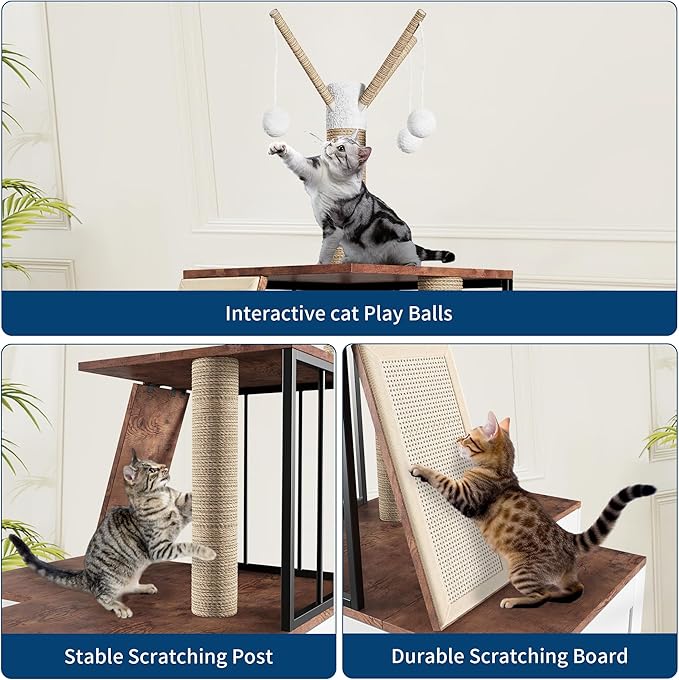 48.8" Wooden Cat Tree with Hidden Litter Box Enclosure & Storage Cabinet – 2-in-1 Cat Furniture with Scratching Post, Toy Balls, and Play Area for Indoor Cats