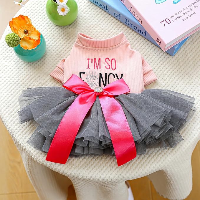 Furbabycare® Elegant Sweet Fashion Puppy Dog Blingbling Princess Skirt Pet Dog Lace Cake Camisole Tutu Dress R-Pink+Gray X-Small