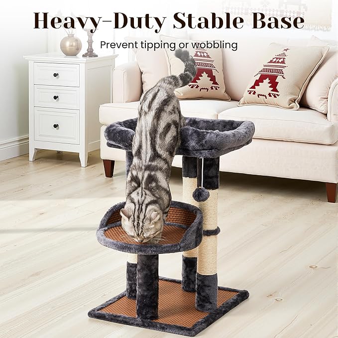 Multi-Level Cat Tree for Indoor Cats, Modern Cat Tower with Double Beds & Scratching Posts, 27 in Cute Cat Tree for Large Cats and Kitten, Small Cat Climbing Tower with Hanging Toys, Grey