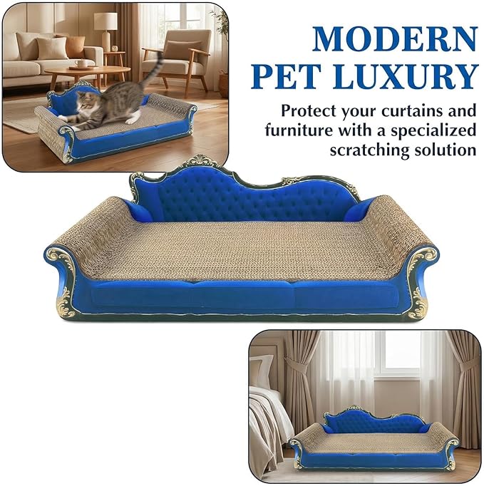 Royal Blue Sofa Shape Cat Scratcher, 19.9” Large 2-in-1 Cat Scratcher Lounge Bed, Sturdy Cardboard Scratching Board for Indoor Cats