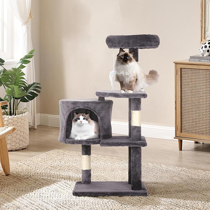 36" Multi-Level Cat Tree Tower with Scratching Posts, Toys & Condo - Space-Saving Design for Indoor Kittens, Compact Floor Footprint & Vertical Space for Multi-Cat Homes-Light Grey