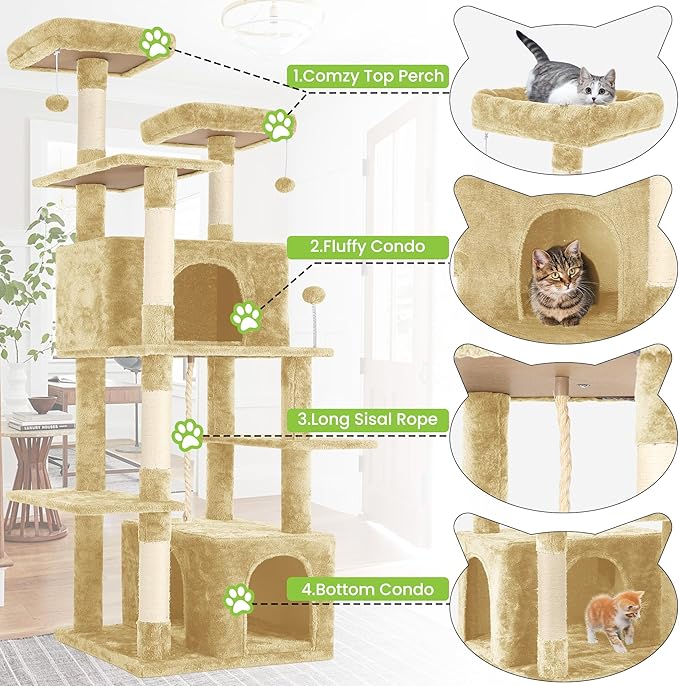 69'' Indoor Cat Tree Tower with Multiple Levels, Sisal Scratching Post, Spacious Condo, Climbing Rope, Kitten Toy (Beige)
