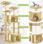69'' Indoor Cat Tree Tower with Multiple Levels, Sisal Scratching Post, Spacious Condo, Climbing Rope, Kitten Toy (Beige)