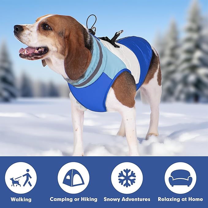 azuza Dog Jacket for Small Dogs Waterproof Dog Coat with Reflective Strips and Harness Built in Warm Fleece Dogs Winter Coat Windproof with Back Zipper, Blue L