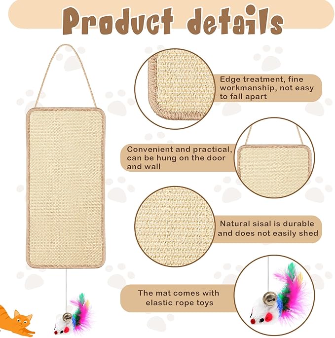 2 Pack Cat Door Toy 7.87"x19.69" Sisal Door Cat Scratching Mat with a Mouse Play Toys Double Use Hanging Scratcher Wall Floor Mount Kitty Scratching Pad for Indoor Kitten with Hemp Rope