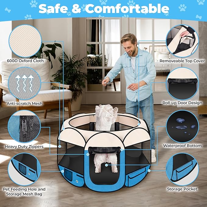 Dog Playpen 36", HOMAGICO Pet Playpen for Indoor Cats Enclosed, Portable Dog Cage Outdoor Tent Crate with Carrying Case,Water-Resistant and Removable Shade Cover, Blue