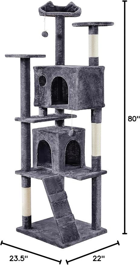 Topeakmart Cat Tree, 80-Inch Cat Tower for Indoor Cats, Multi-Level Cat Condo with Scratching Posts, Padded Perches and Ladder, Cat Stand House Furniture, Dark Gray