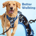 Funfox Dog Harness No Pull, Adjustable Pet Vest Harness, Super Soft Material with Vertical Handle Easy Control, Reflective Night Walking, 2 Leash Clips for Large Dogs, Mosaic Blue, L