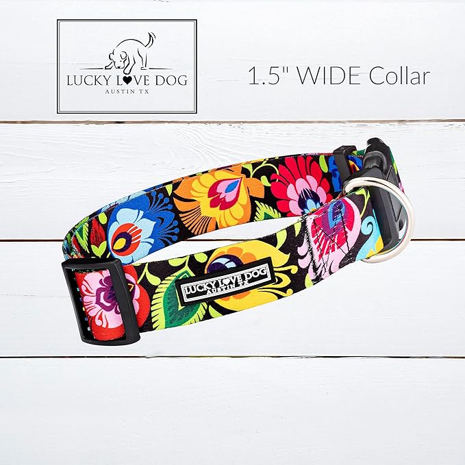 Lucky Love Dog Wide Dog Collar - Adjustable, Durable, Soft Webbing, & Comfortable 1.5 inch Wide Collar for Dogs Male and Female with Strong Buckle - Blackbird, Medium