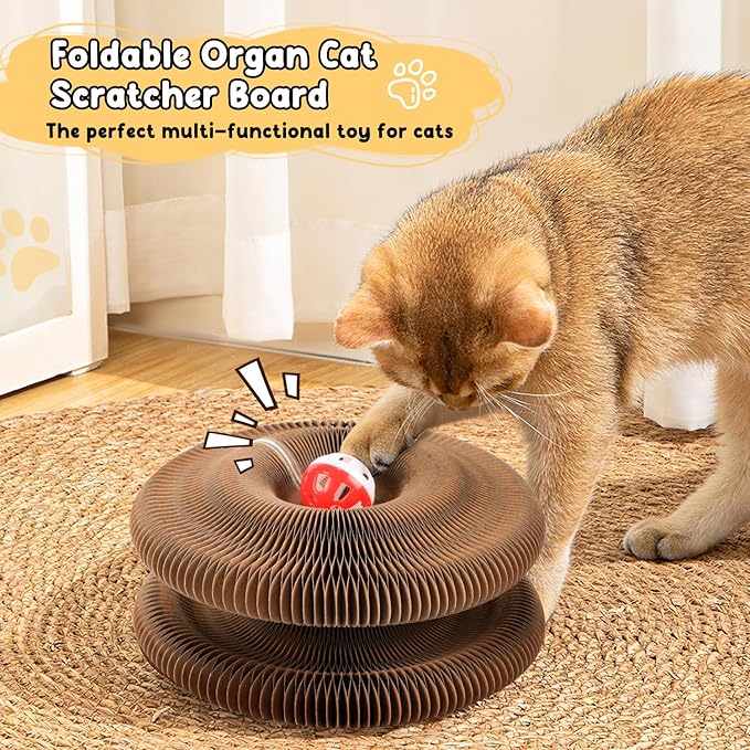 Magic Organ Cat Scratching Board, Foldable Accordion Interactive Cat Toy with Bell Ball, Durable Cardboard Scratch Pad for Cat Grinding Claw & Indoor Play