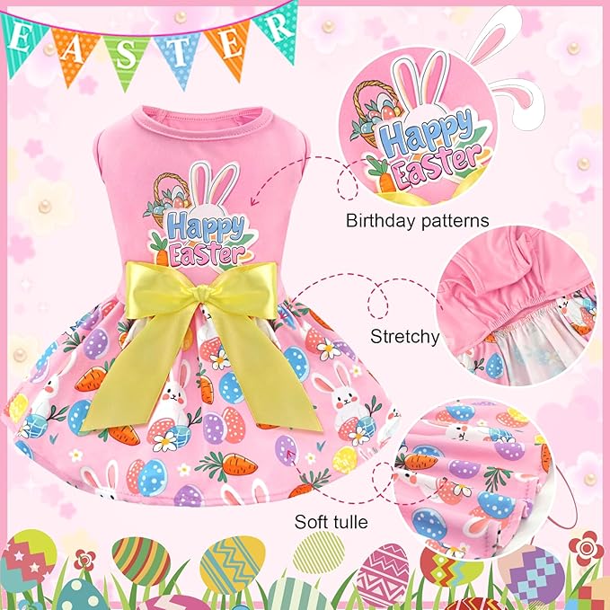 XPUDAC Happy Easter Day Dog Dress for Small Dogs Girl Bunny Eggs Tulle Holiday Puppy Clothes Pet Outfit, Cat Costume X-Small
