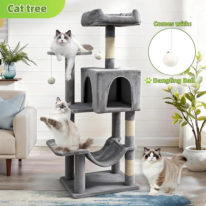 Pawly 46.5" Compact Space Saving Cat Tree for Small Apartment, Premium CARB P2-Compliant Particle Board, 350G Plush Sisal Cat Tower with Condo & Hammock for Indoor Kittens & 1-2 Cats