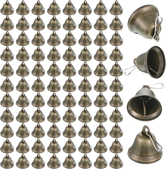 100 PCS Craft Bells Bronze Jingle Bells 1.5" X 1.7" Vintage Brass Color Mini Bell with Spring Hooks for Wedding Doors Dog Collar Jewelry Sewing DIY Favor Dog Potty Training