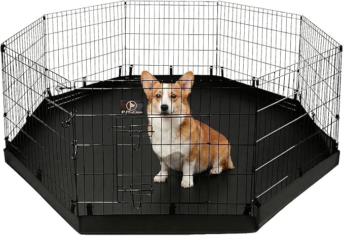 PJYuCien Dog Playpen with Bottom Pad - Metal Foldable Exercise Pen, 8 Panels 30" H x 24" W Indoor Outdoor Pet Fence Puppy Crate Kennel, Black
