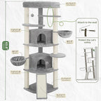 Corner Cat Tree for Indoor Cats, Cat Tower with All Sisal Scratching Posts, Multi-Level Cat Condo wth 2 Large Cat Caves, Big Top Perch, 2 Hanging Baskets, Sisal Ramp, Light Gray GCT035W
