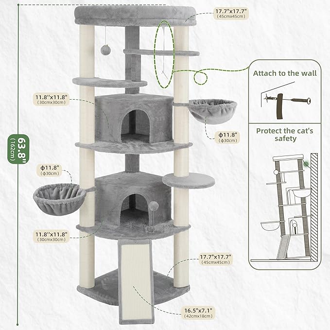 Corner Cat Tree for Indoor Cats, Cat Tower with All Sisal Scratching Posts, Multi-Level Cat Condo wth 2 Large Cat Caves, Big Top Perch, 2 Hanging Baskets, Sisal Ramp, Light Gray GCT035W