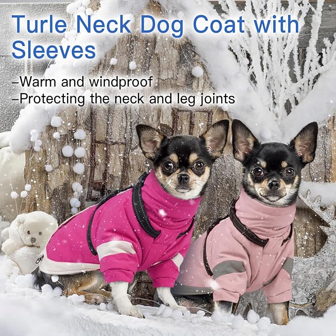 Turtleneck Dog Coat with Harness Built in - S,Soft Warm Lining | Adjustable Reflective Harness Coats for Small Dogs,Snow Day Water-Repellent,Windproof & Cold-Resistant Jacket (Rosered)