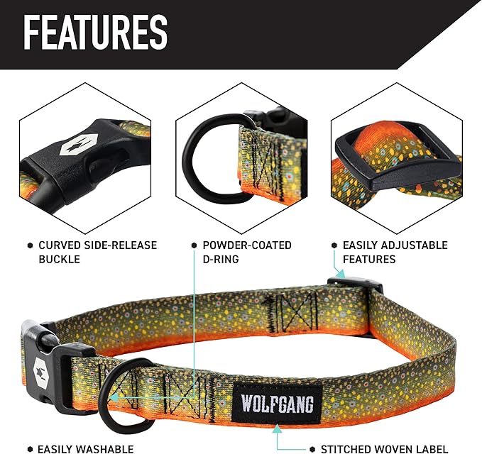 Wolfgang Heavy Duty, Adjustable Dog Collar with Quick Release Nylon Buckle for Walking & Training, BrookTrout Print, Medium