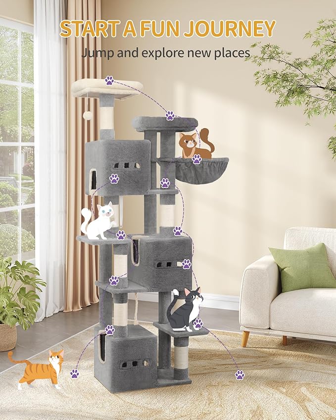 76" Cat Tree, Large Cat Tower for Indoor Cats, Multi-Level Cats House Furniture with 2 Platforms, 3 Condos, 7 Scratching Posts, 1 Basket, 3 Caves, Pompoms, Light Grey MS19218LG