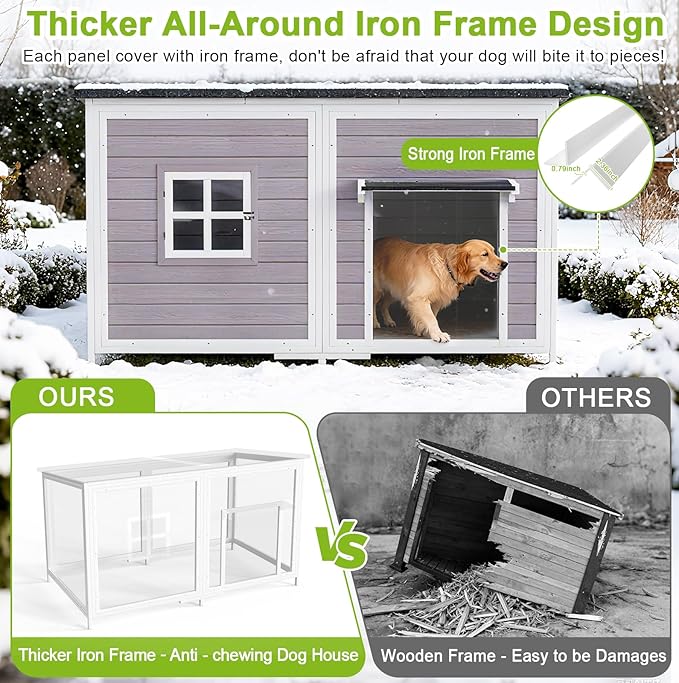 59" Dog House, Extra Large Dog House with Weatherproof Roof for Outdoor Use, Easy to Install and Clean, Anti-Chewing Metal Frame Design for Small Medium Large Dogs