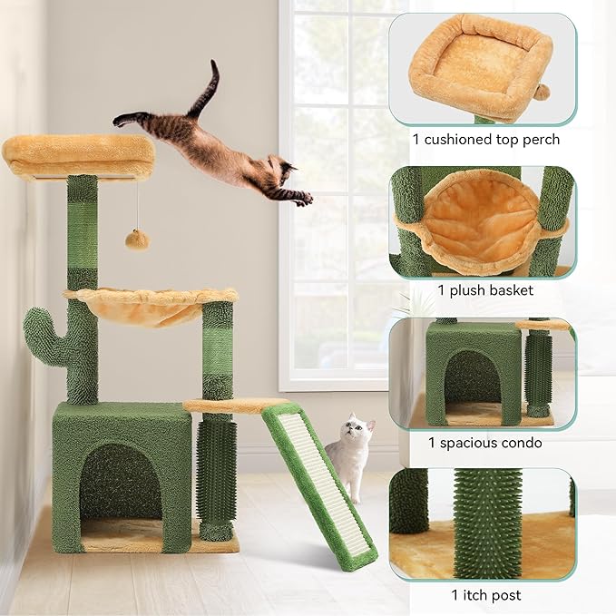 YITAHOME 37in Tall Cactus Cat Tree Tower with Self-Grooming Brush, Cute Cat Climbing Tower for Indoor Cats with Cat Condo, Plush Platform, Hammock, Sisal Scratching Posts, Dangling Ball