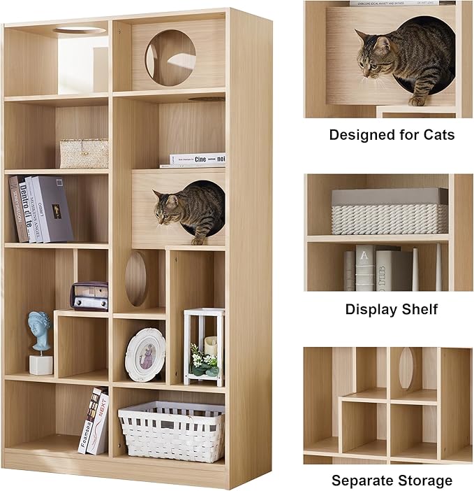 Bookcase Wooden Cat Tree, Natural Bookshelf Indoor Cat House Pet Furniture, Display Case with Storage, Cat Litter Box Enclosure Climbing Shelf