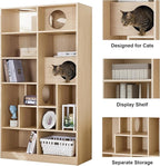 Bookcase Wooden Cat Tree, Natural Bookshelf Indoor Cat House Pet Furniture, Display Case with Storage, Cat Litter Box Enclosure Climbing Shelf