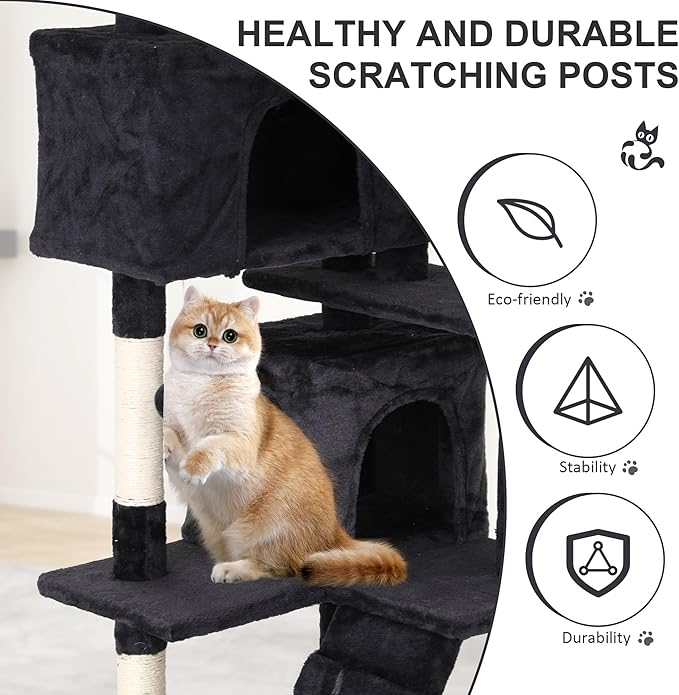 70" Multi-Level Cat Tree Tower with Scratching Posts, Toys & Condo - Space-Saving Design for Indoor Kittens, Compact Floor Footprint & Vertical Space for Multi-Cat Homes-Dark Grey