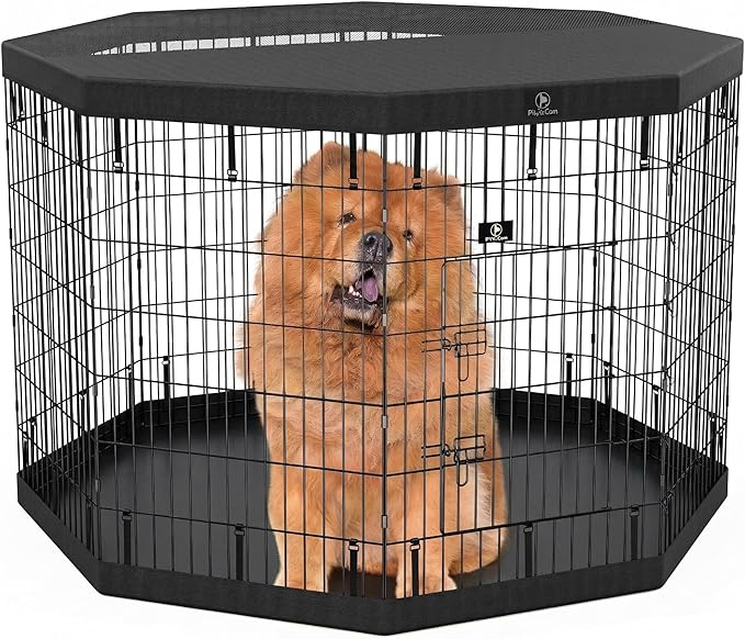 PJYuCien Dog Playpen with Top Cover and Bottom Pad - Metal Foldable Exercise Pen, 8 Panels 42" H x 24" W Indoor Outdoor Pet Fence Puppy Crate Kennel, Black