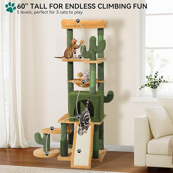 YITAHOME Tall Cactus Cat Tree Tower with Self-Grooming Brush, 60in Cute Cat Climbing Tower for Indoor Cats with Cat Condo, Top Perch, Basktet, Sisal Scratching Posts and Board, Dangling,Ball