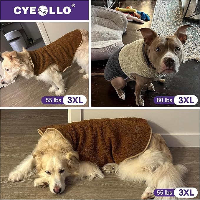 cyeollo Warm Dog Coat Fleece Sherpa Winter Sweater Coats, Turtleneck Dog Jacket Vest for Medium Large Big Dogs with Leash Hole, Soft Reversible Pet Coats for Cold Weather, Brown, XXXL