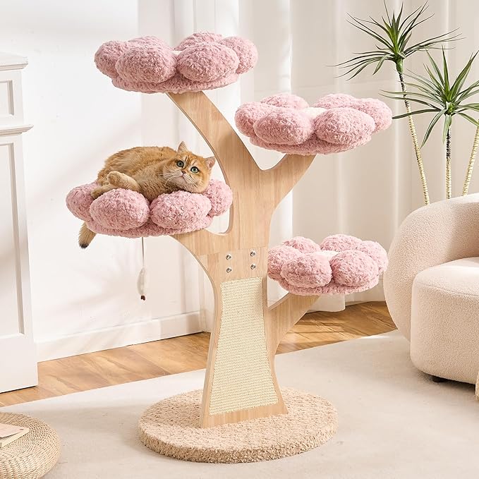 Aesthetic Flower Cat Tree Tower with Scratching Post for Indoor Cats, 48" Modern Cat Tree with Wood Sculpted Branch, Flower Cat Beds, Scratching Board & Interactive Squeaky Toy, Sakura Pink