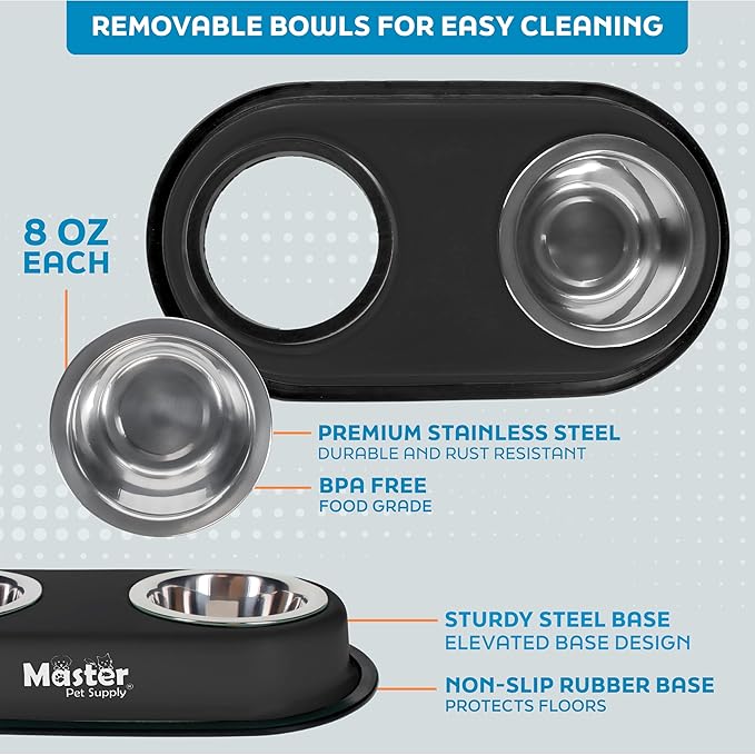 Master Pet Supply Double Dog Bowls Set with Elevated Base and 2 (8 oz) Stainless Steel Removable Dishes (Black Velvet) – Double Cat Food Water Bowl, Dog Puppy Food Bowl Set, Rust Resistant