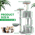 54 Inches Large Cat Tree Tower for Indoor Cat, Tall Cat Tower with Scratching Posts, Cat Condos, Cat Hammock, Pompoms, Top Perches, Sisal Rope, for Bed Room, Living Room (Light Grey)